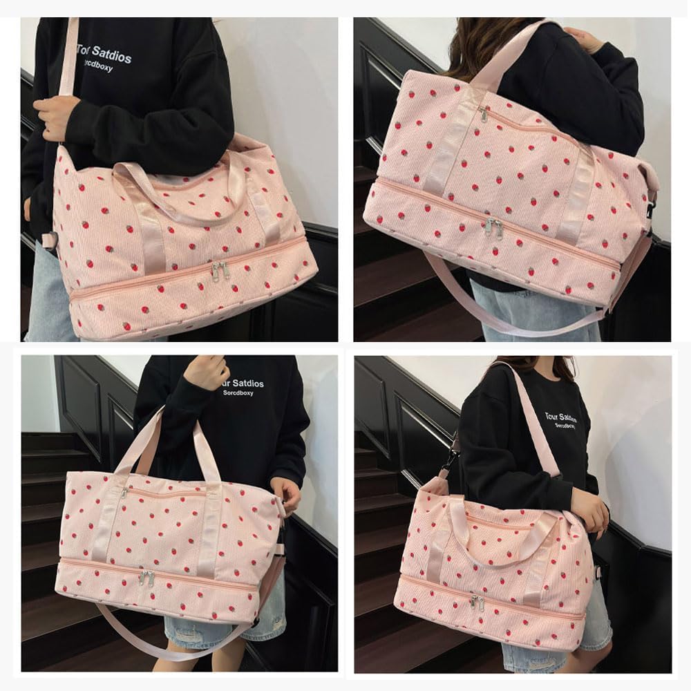 Strawberry Duffle Bag for Girls,Corduroy Gym Bag with Shoe Compartment & Wet Pocket,Cute Travel Bag Weekend Bag Dance Bag for Kids (pink) - Image 7