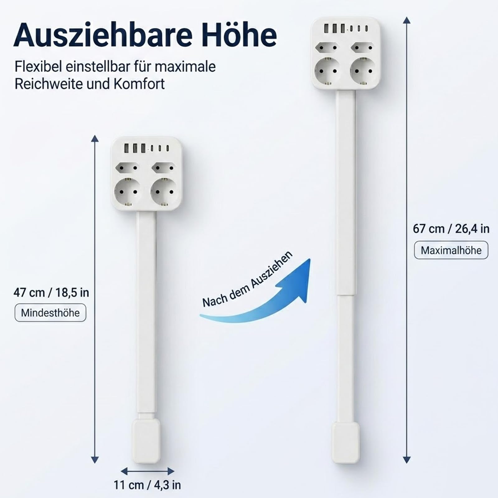 Rozszerzalna listwa zasilająca, wysuwana, od 45 do 65 cm, listwa zasilająca z USB, 3 gniazda USB i 3 gniazda typu C, 4 gniazda AC, przedłużacz, montaż na ścianie, sofa, łóżko