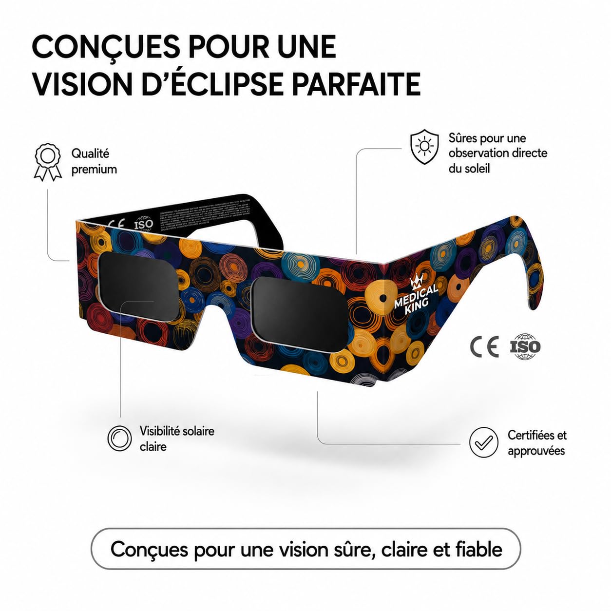 Lunettes Eclipse Solaire ISO 12312-2 Lot de 50 Paires avec 2 Filtres pour Smartphone, Protection des Yeux CE