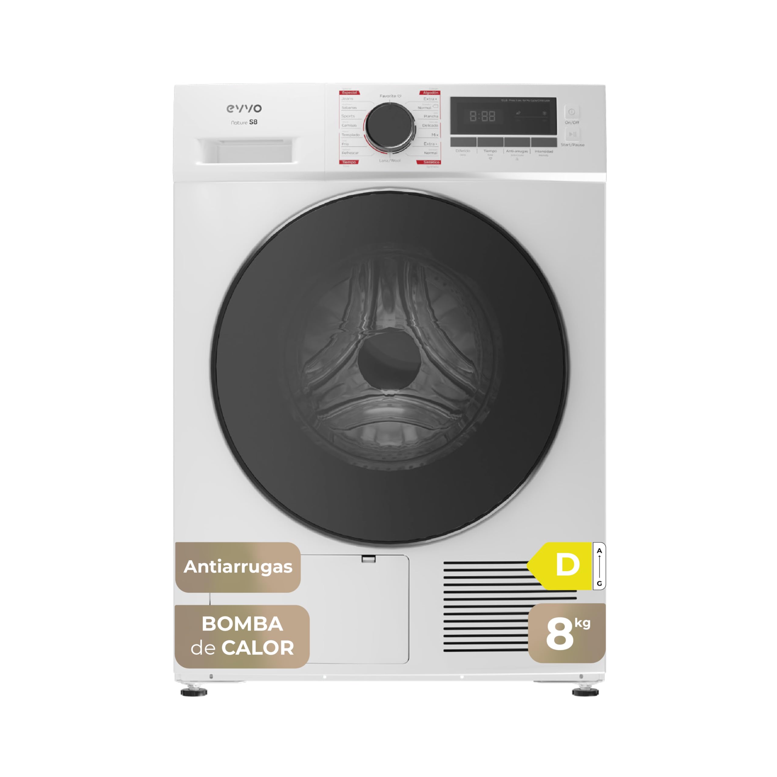 EVVO Secadora Bomba de Calor Nature S8-8kg Capacidad, Eficiencia Energética D, Sensor De Humedad, Antiarrugas, 16 Programas, Luz Interior, Fácil Instalación, Blanco