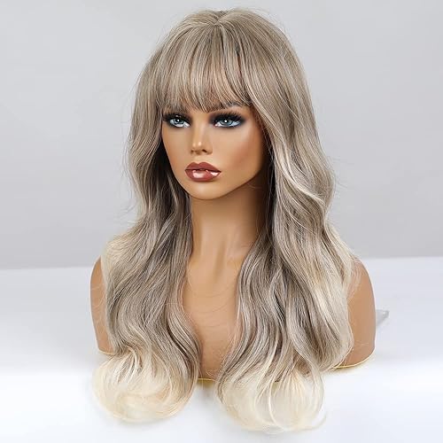 Miniatura 3 de WTHCOS Peluca larga negra con flequillo, peluca larga y ondulada de cabello negro para mujer, peluca sintética sedosa resistente al calor con gorra