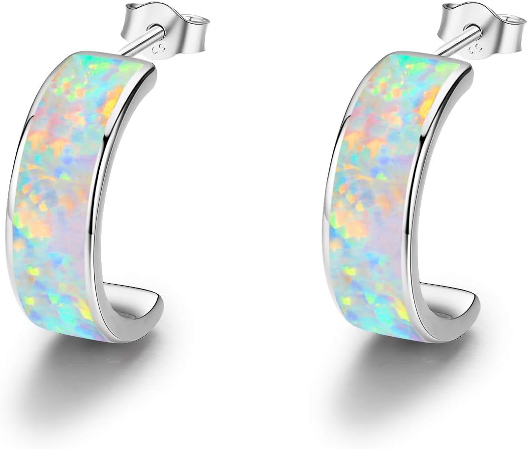 Sterling Silver Huggie Earrings,C Small Hoop Earrings 925 Sterling Silver Cute Opal Earrings Circle Hinged Hoop Gift for Women Lady Stud Earring for Girls Kids