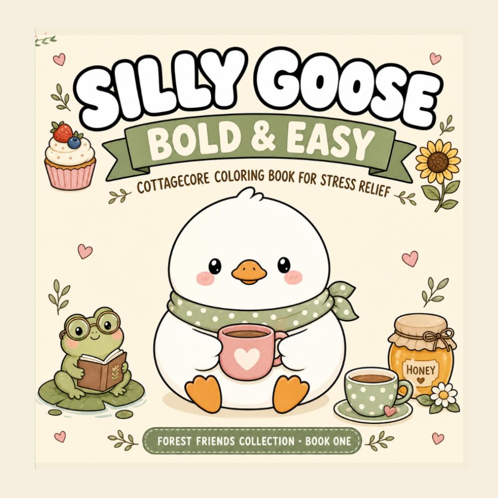 Silly goose: Bold & Easy Cottagecore Coloring Book: 50 Cozy Animal Designs for Relaxation
