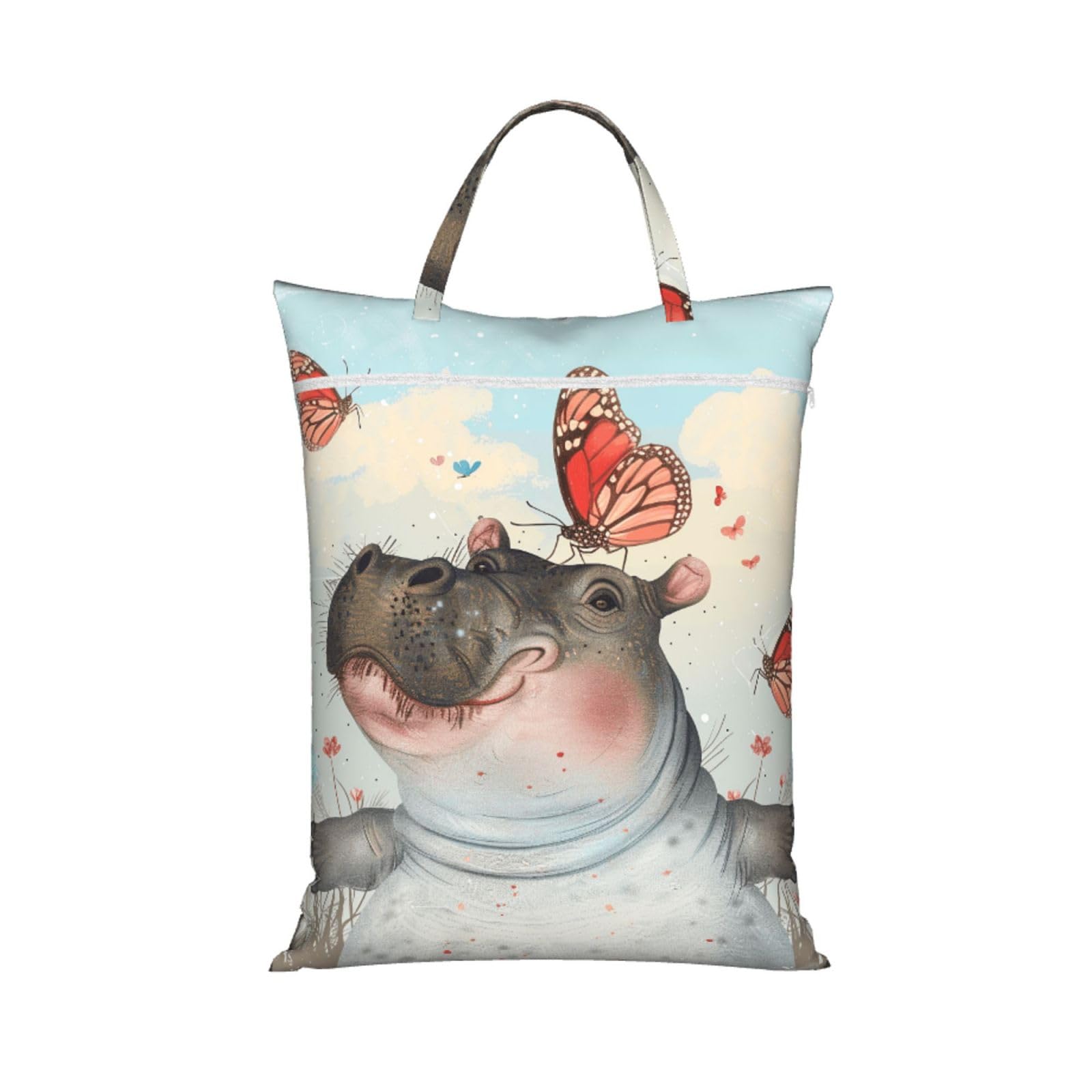 Large Travel Laundry Bags,Butterfly and hippo Print with Handle Foldable Laundry Bag for Holidays Gym Swimming and Family Trips, 1Pcs