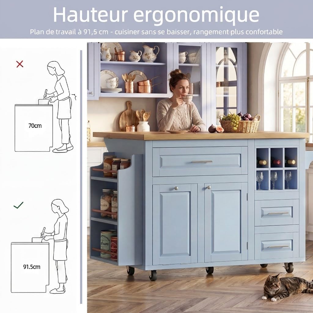 Îlot Central de Cuisine avec Rangement, Meuble de Cuisine avec Plan de Travail Pliable, Desserte de Cuisine avec Porte-Bouteilles et Étagère à Snacks, pour Salle à Manger, Bleu