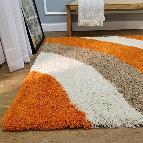Shag Area Rug 5x7 | Wave Curve Orange Beige Ivory Shag Rugs for Living Room Bedroom Nursery Kids College Dorm Carpet by European Made MH10 Maxy Home - Thumbnail 2