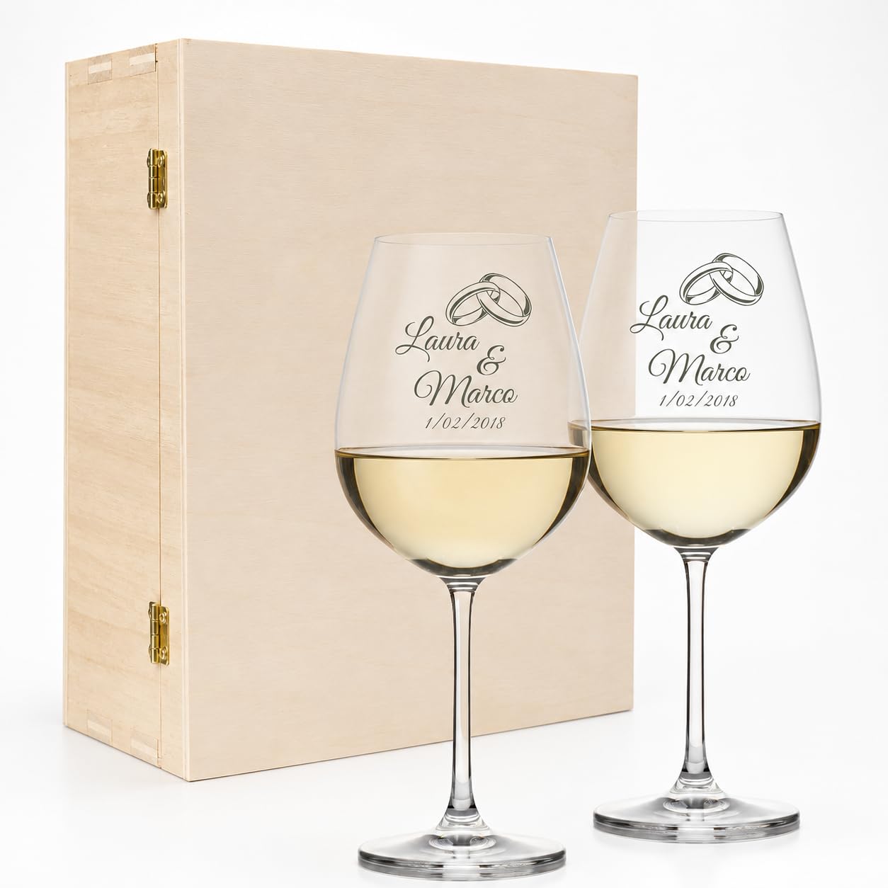 Lasertricks - Calici da vino con Scatola legno - Personalizzati con Nomi – Idea Regalo San Valentino, Anniversario o Matrimonio – Bicchieri da Vino – Personalizzabili