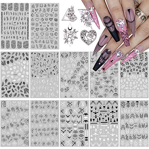 Ebanku 12 sheets black white nail art sticker, leaves retro flowe…