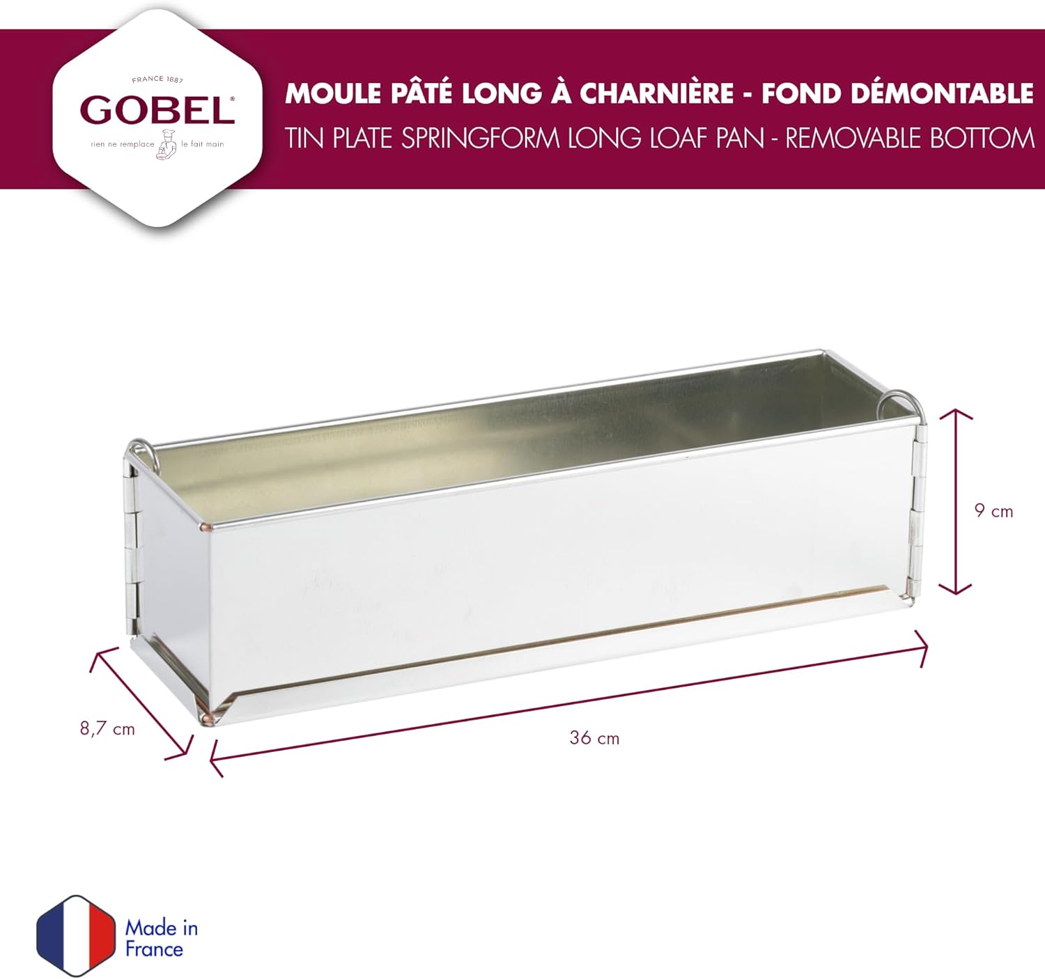 Gobel Long Pate Mold – Removable Bottom – Tin Plate – 13 3/4" x 3 1/8"