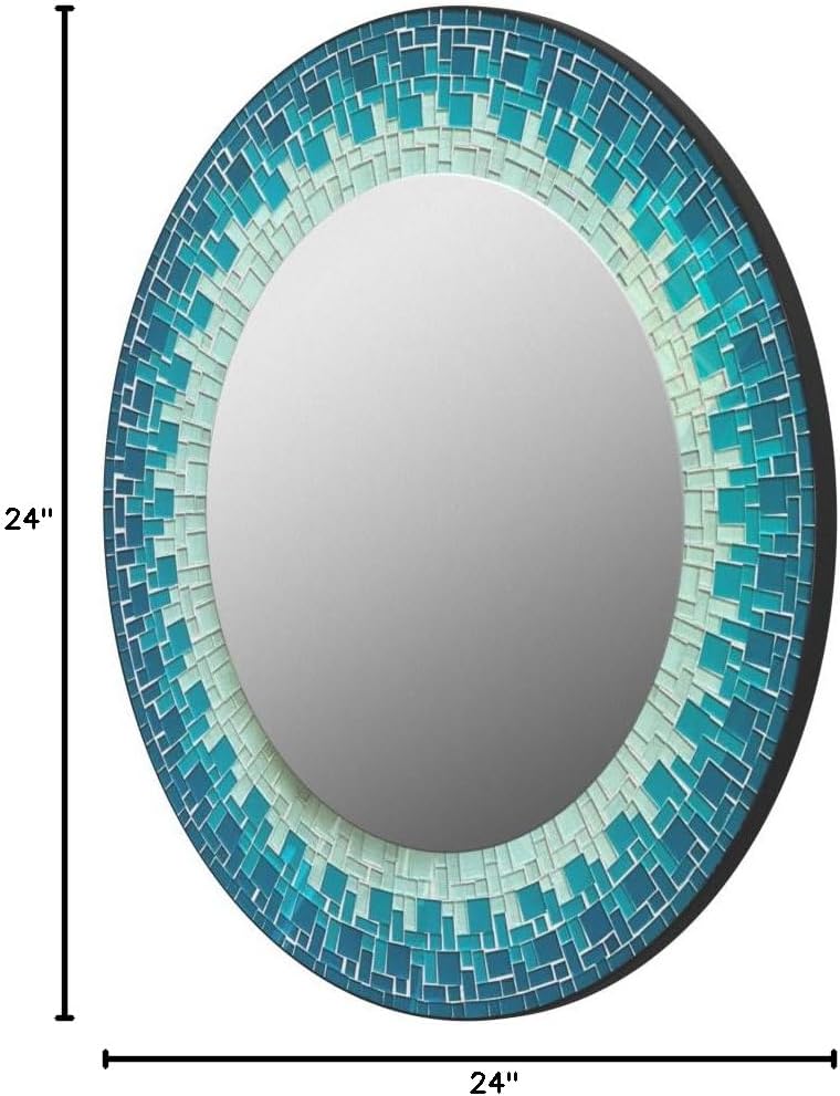 Wall Art Décor – Handcrafted Decorative Wall Mirror, Sea-Blue, Turquoise, and White Mosaic, 24” Frame, 16" Round Mirror for Hallway, Bedroom, Bathroom, Living Room