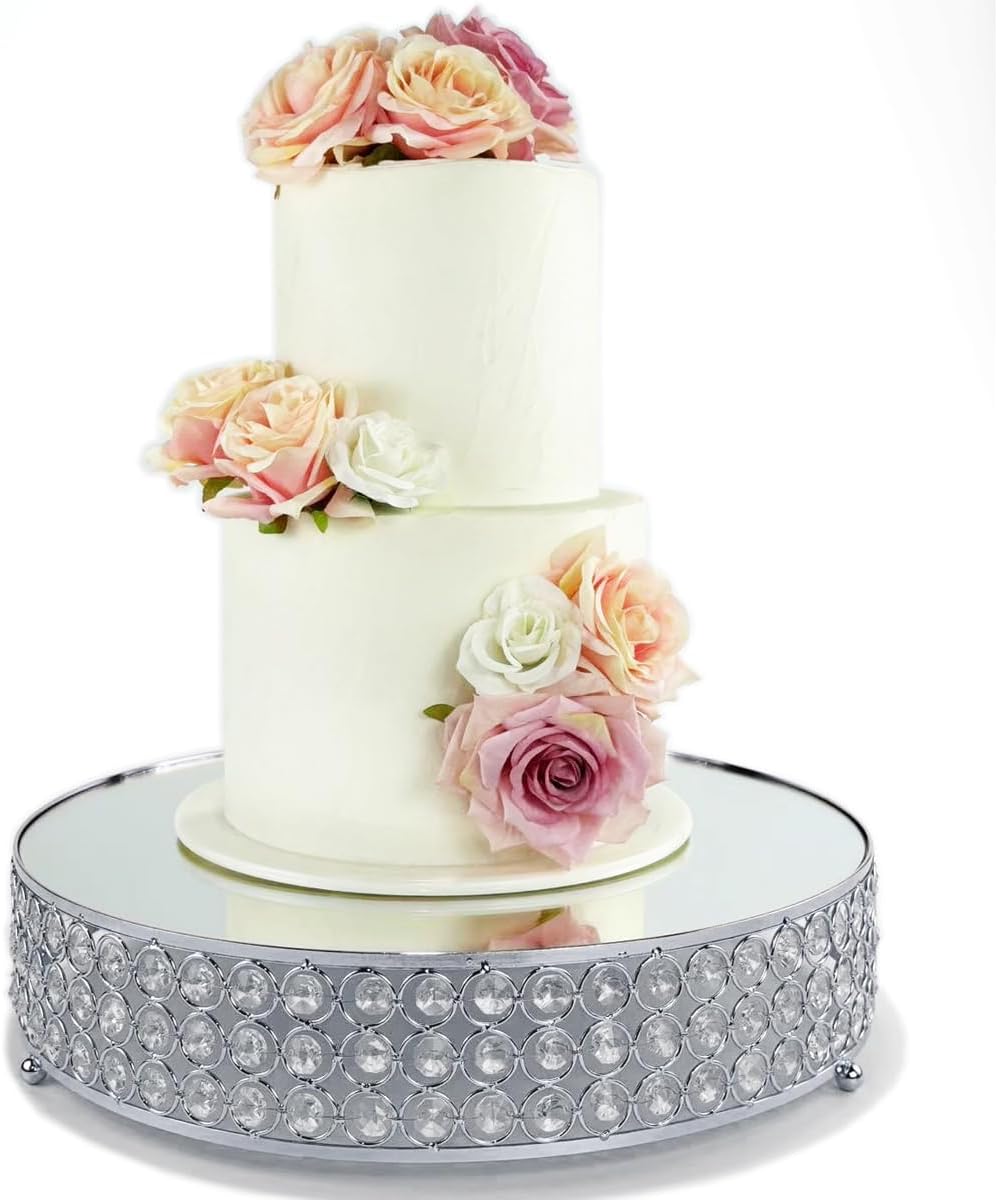 Metal Cake Stand with Beaded Crystal Display Cake Pedestal,Baking Party Supplies Centerpiece,Silver 16 Inch