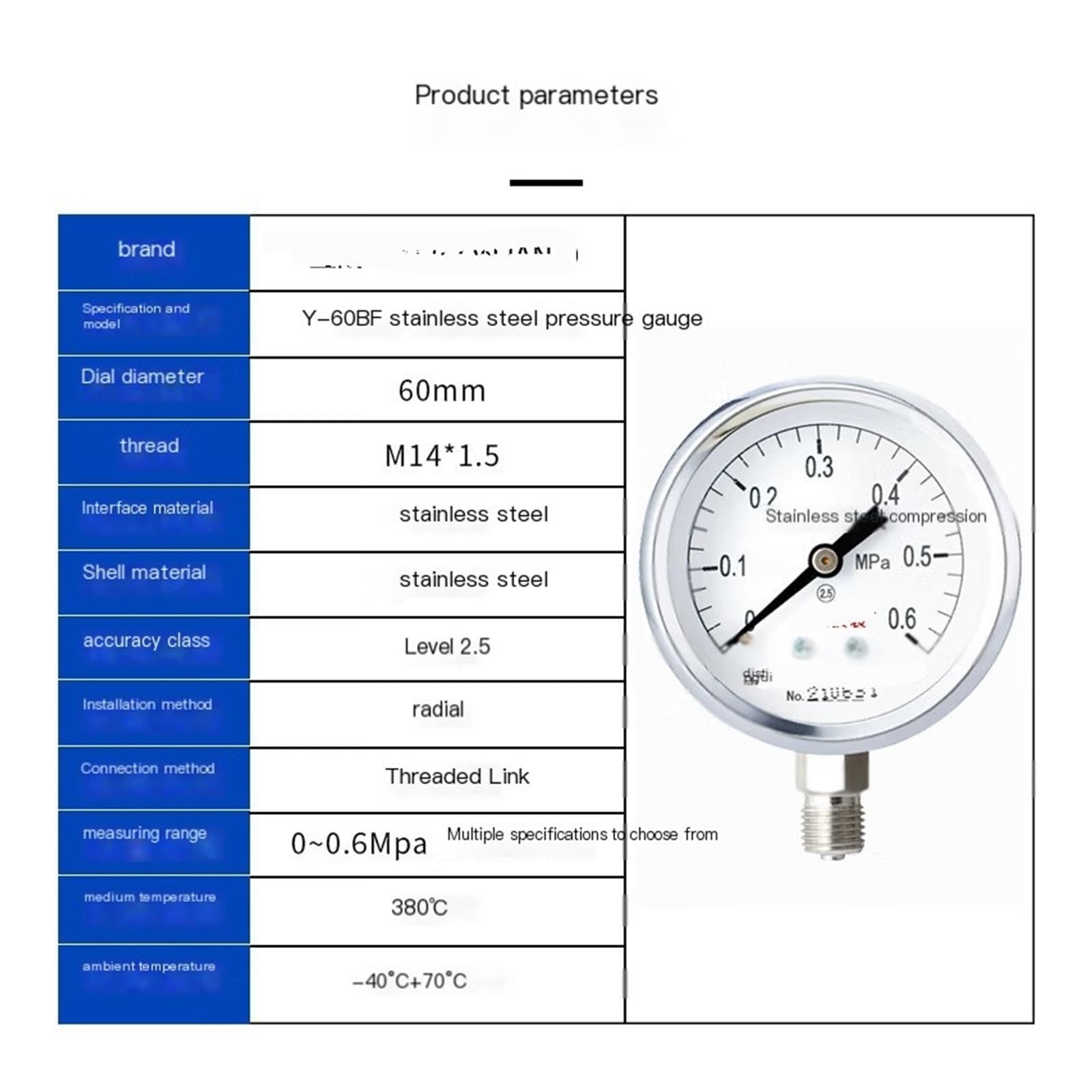 Manometro in acciaio inossidabile Y-60BF Manometro per pressione dell'acqua, pressione dell'aria, pressione dell'olio, resistente alle alte temperature, quadrante del manometro, diametro 60 mm, 0-0,