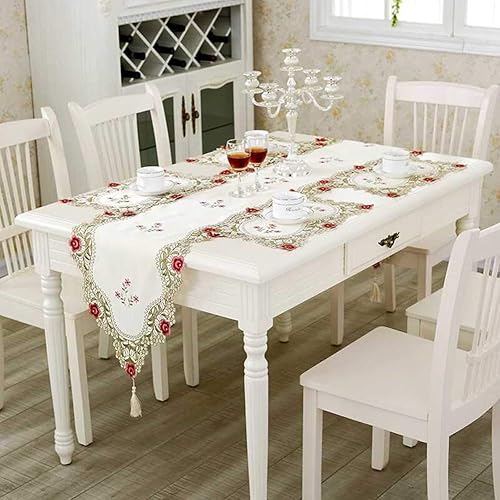 Miniatura 10 de HOLY HOME Mantel navideño 100% poliéster bordado encaje rosa tela pastoral decoración del hogar (rosa, 59 x 86 pulgadas)