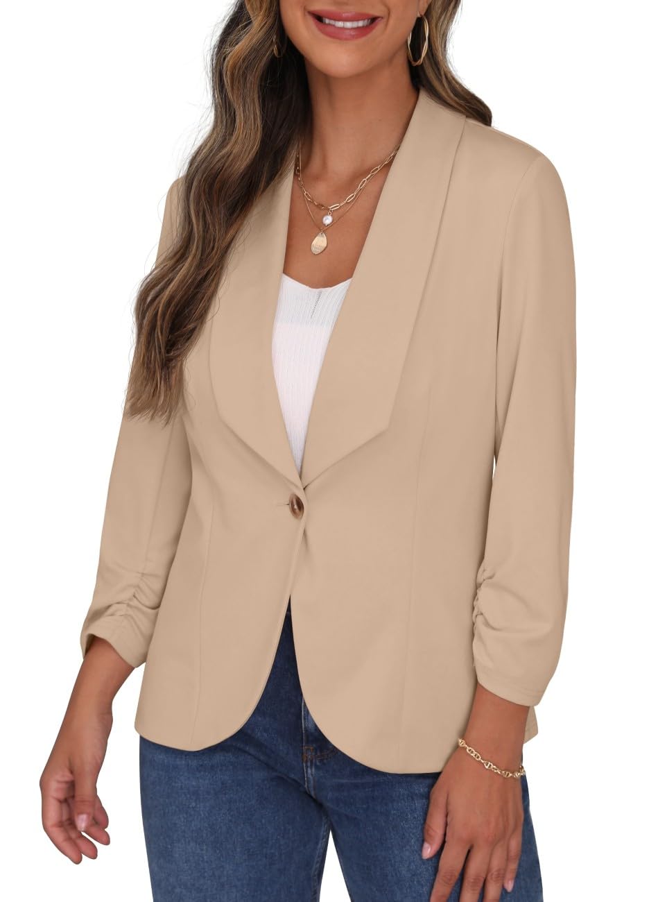 PrinStory Blazer pour femme, col à revers, manches 3/4, froncées, veste de costume, cardigan à un bouton, blazer court, tenue décontractée pour le bureau