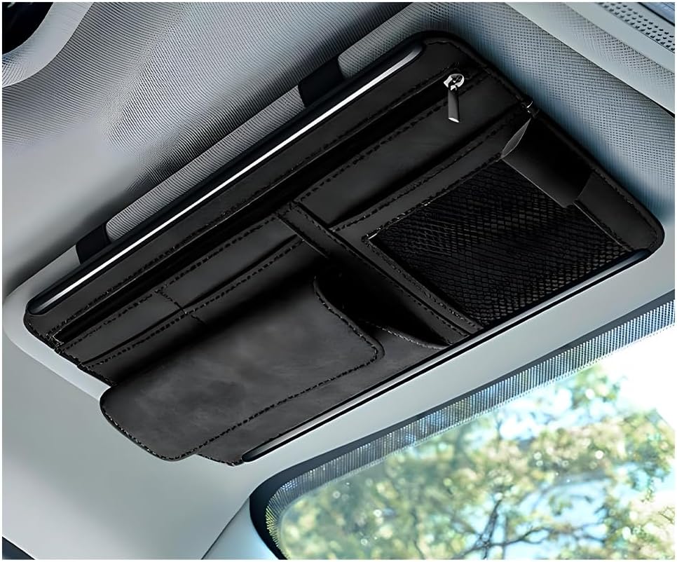 Car Sun Visor Organizer, Soft Leather Surface Eyeglasses Note Card Holder Car Storage Bag, Scratch-Resistant Waterproof Auto Sunshade Organizer Bag, Car Accessories (Black)
