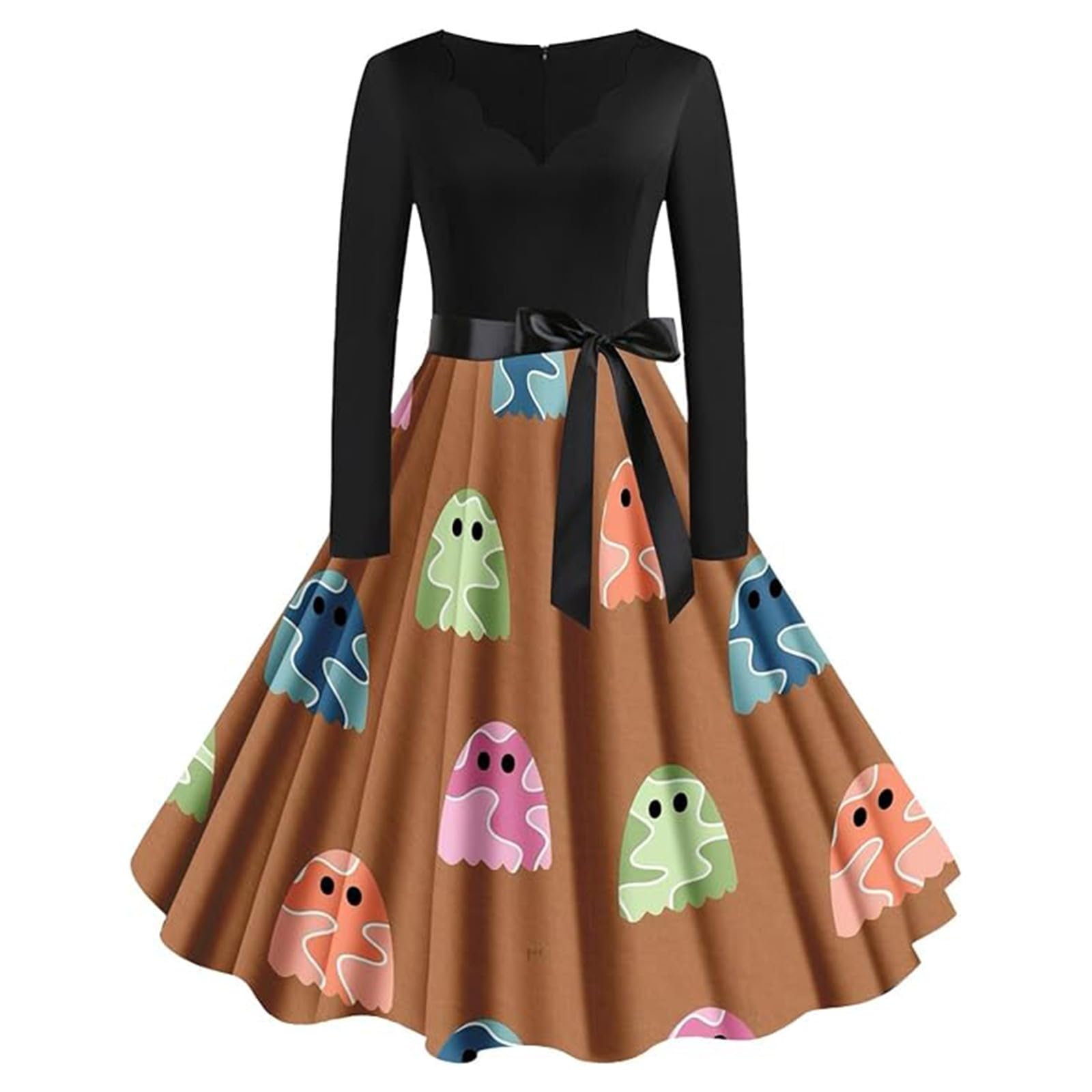 Halloween Costumes Adult Women Retro Pumpkin Skeleton Print V-Neck Long Sleeve A Line Swing Ladies Dress Women's Fashion Black Vintage Skull Witch Rockabilly Party Cocktail Novelty Maxi Dresses