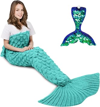 AmyHomie Mermaid Tail Blanket for Adults, Crochet Mermaid Blanket for Women Soft All Seasons Sleeping Blankets Gift for Teen Girls ScaleMint,Adults