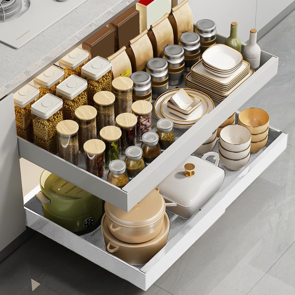 Gewürzregal, 2er-Set Schrankregal-Organizer, erweiterbarer Küchenregal-Organizer, stapelbarer Gewürzhalter, 32–52 cm, verstellbare Breite, Karbonstahl, Küchenorganizer mit leisen Dämpfungsschienen