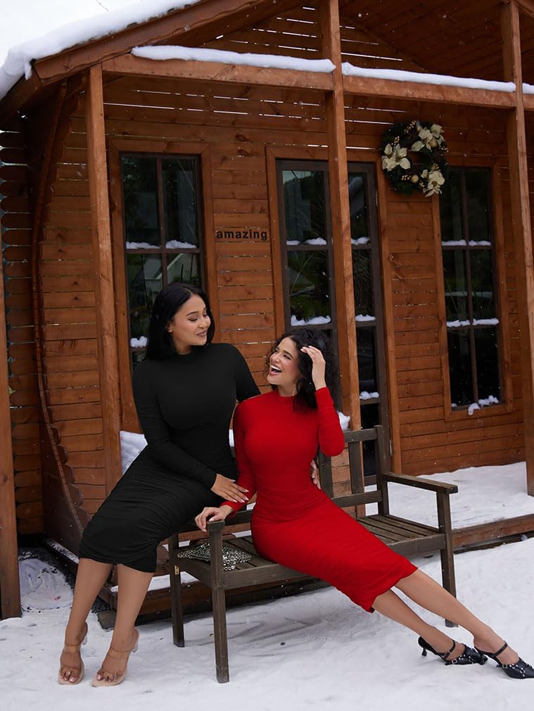 LAGSHIAN Women's Cocktail Bodycon Long Sleeve Mock Neck Mesh Ruched Midi Party Dress - Image 5