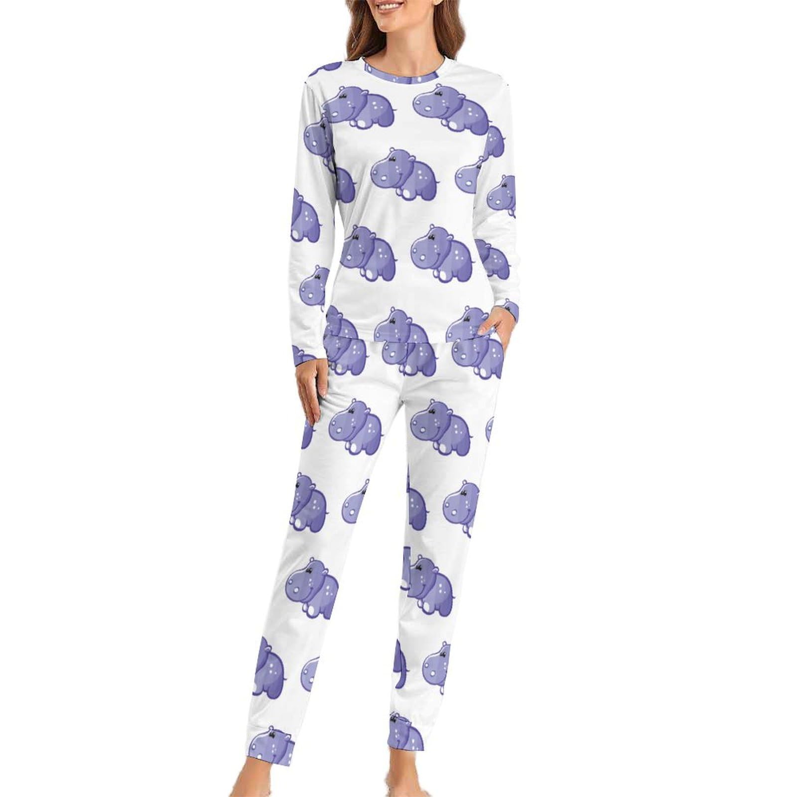 Mhyrac Women's Cute Hippo Woman's Crew Neck Pyjamas Set, Pyjamas For Pajamas With Pockets