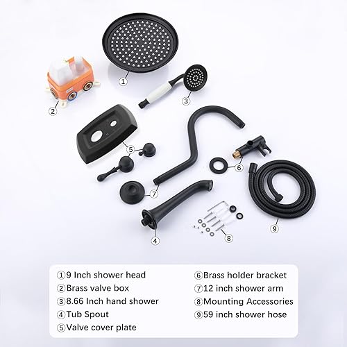 Miniatura 6 de Sistema de ducha con boquilla de bañera, cabezal de lluvia antiguo de 9 pulgadas montado en la pared y rociador de mano de cerámica de latón,