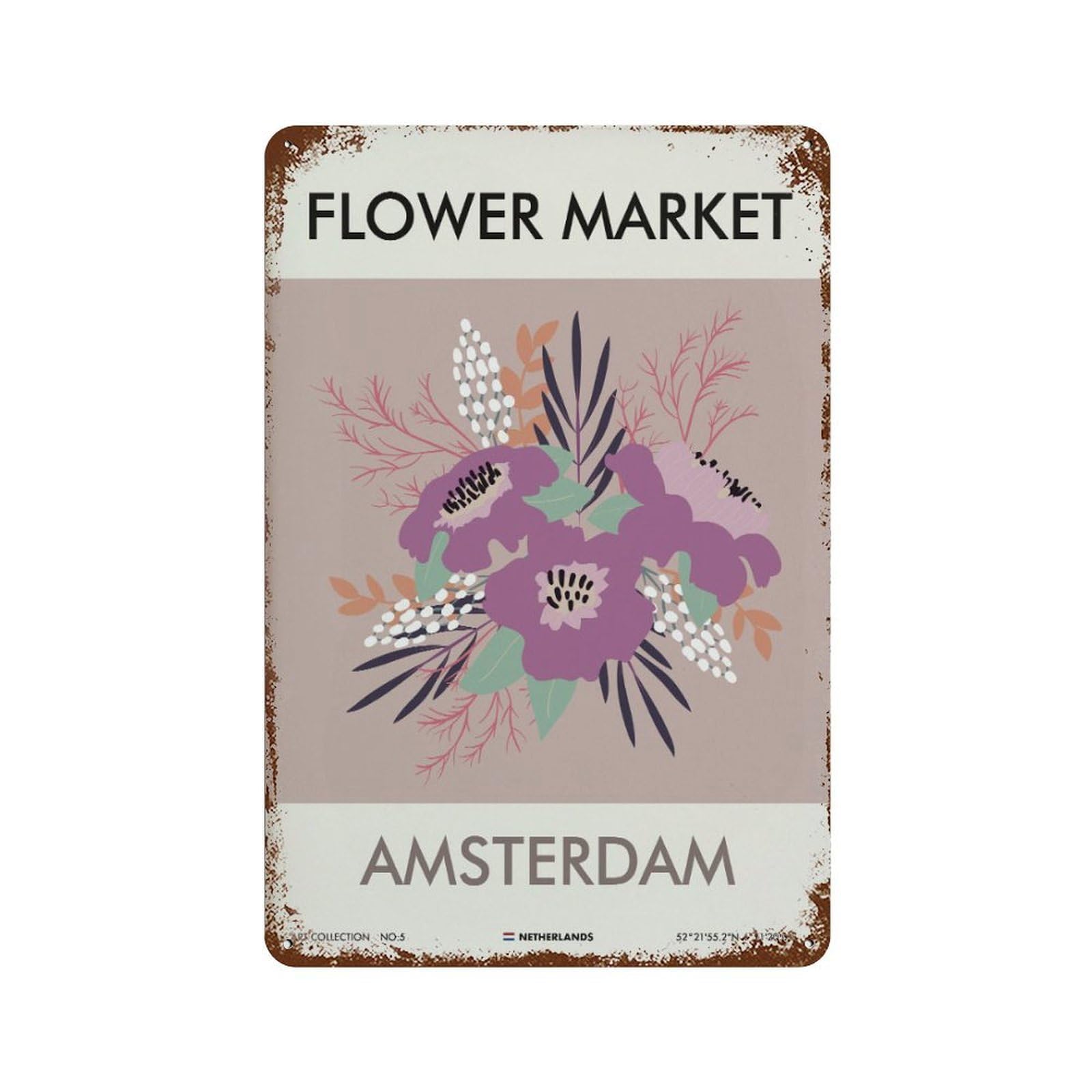 xiaoxiaoshen Amsterdam Flower Market Floral1 Wall Decor Art Metal Tin Poster Modern Home Decor Art Home Bar Shop Decorations Vintage Sign 30x20cm