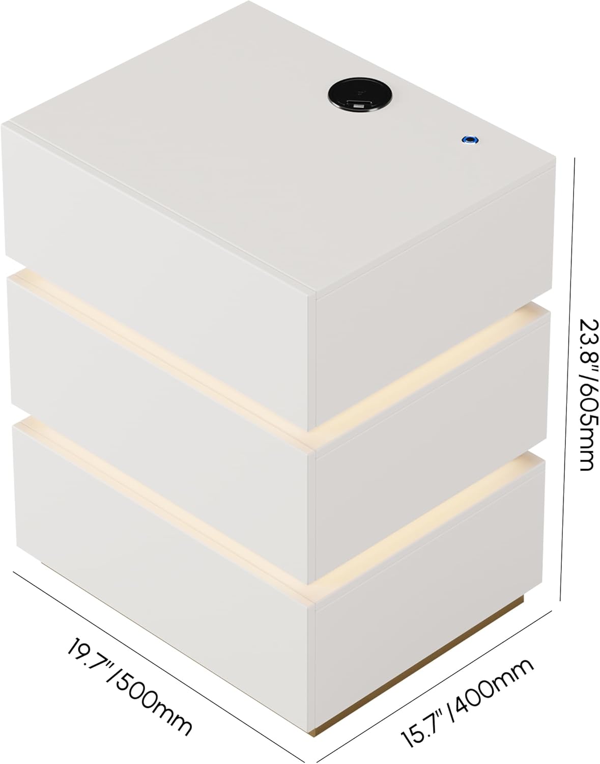 Diagram showing the dimensions of the Homary 3-Drawer LED Smart Nightstand: 23.8 inches high, 19.7 inches wide, and 15.7 inches deep.