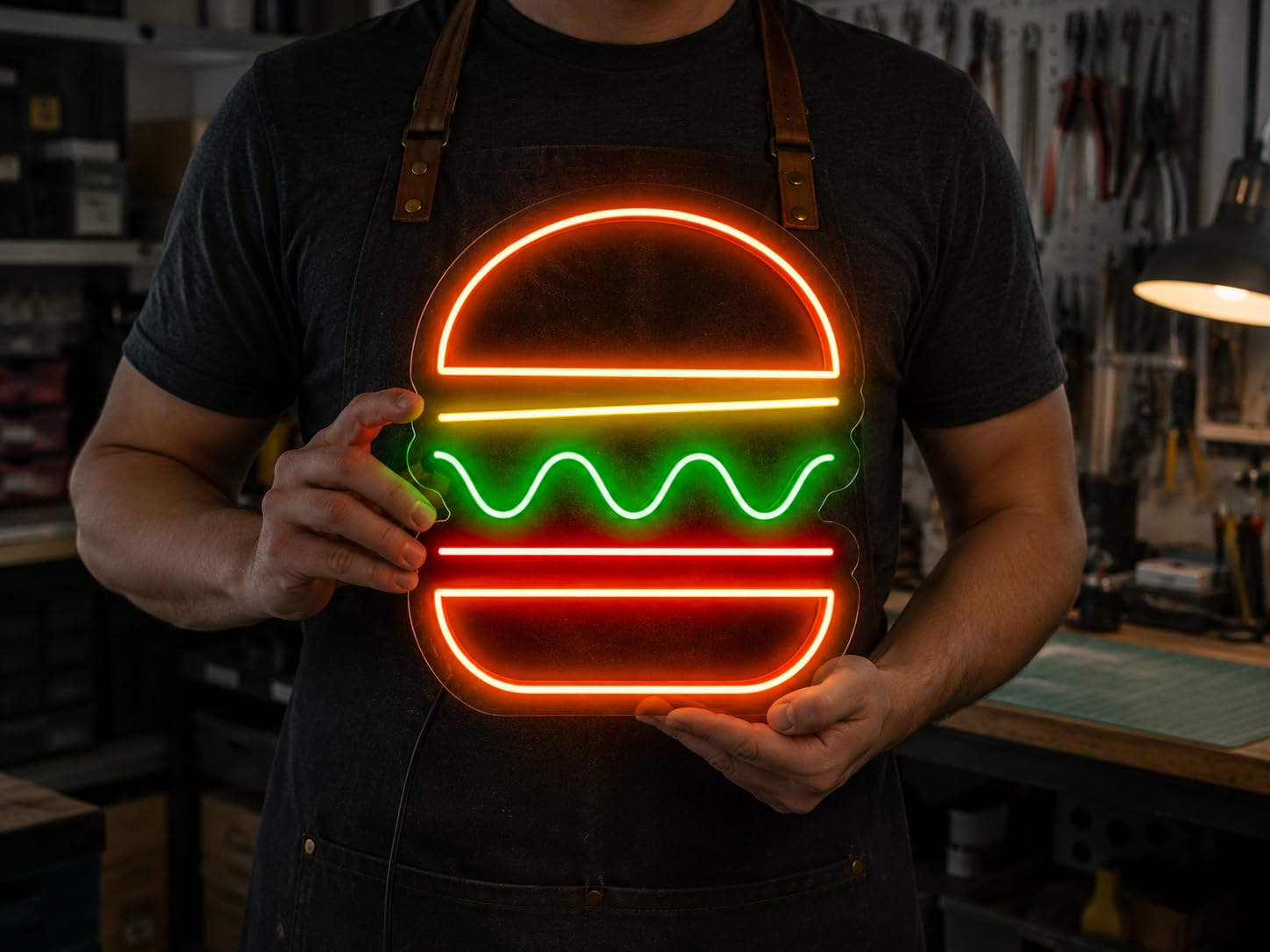 Carteles Luz de Neon Señales Iluminación Ambiente Interior Bebidas Cerveza Vaso de Café Taza de Té para Decoración Bar Restaurante Club Nocturno Ambiente (Personalizable Hamburguesa Simple, 55 CM)