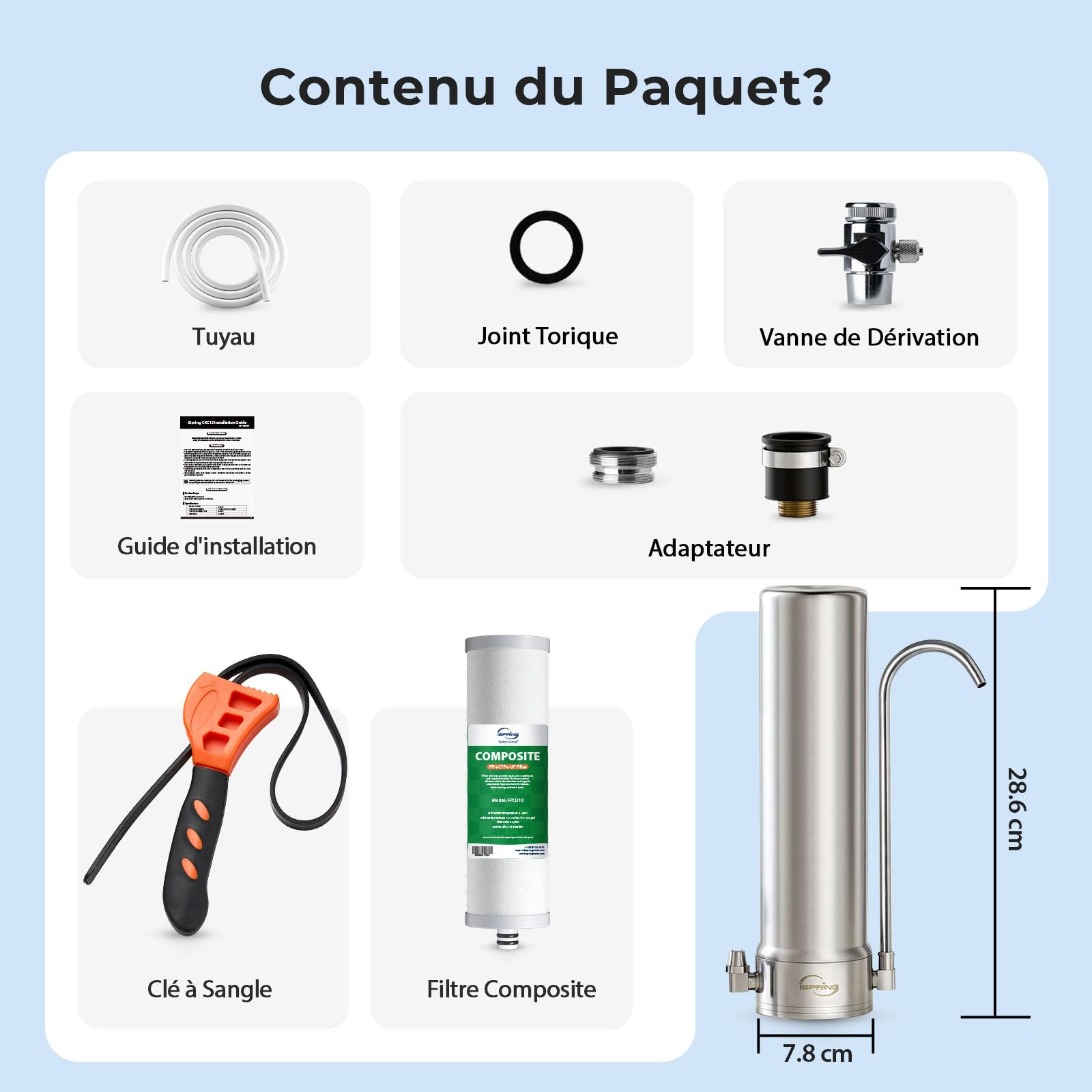 iSpring CKC1S Filtre à Eau Ultrafiltration 0,01µm Acier Inox | Ultrafiltration 0,01µm, Filtre à Charbon, Eau Potable Cuisine, Idéal Locataires, Installation sur Robinet Comptoir
