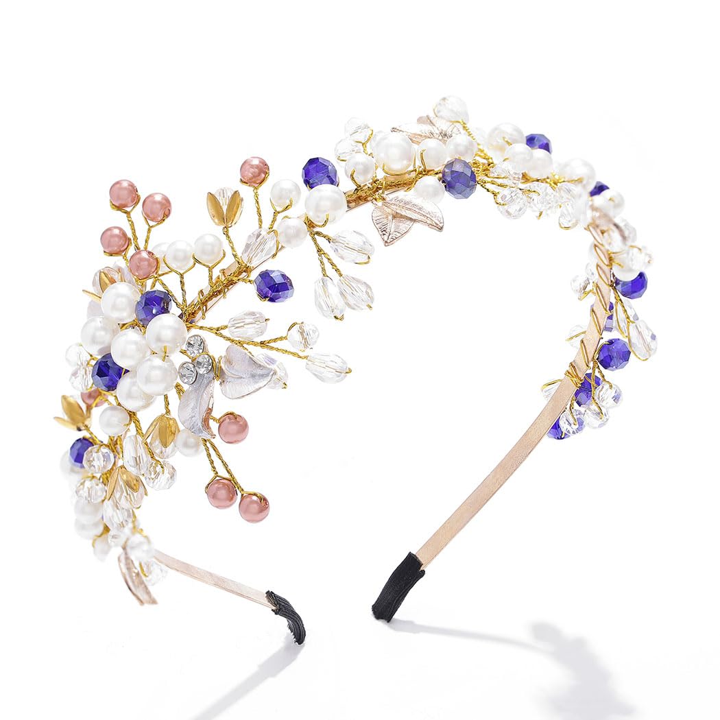IYOU Diadema de Boda Perlas Tiara Bandas para el Cabello con Hoja Oro Accesorios para el Cabello de Fama de Honor Novia Diamantes de Imitación para Mujeres