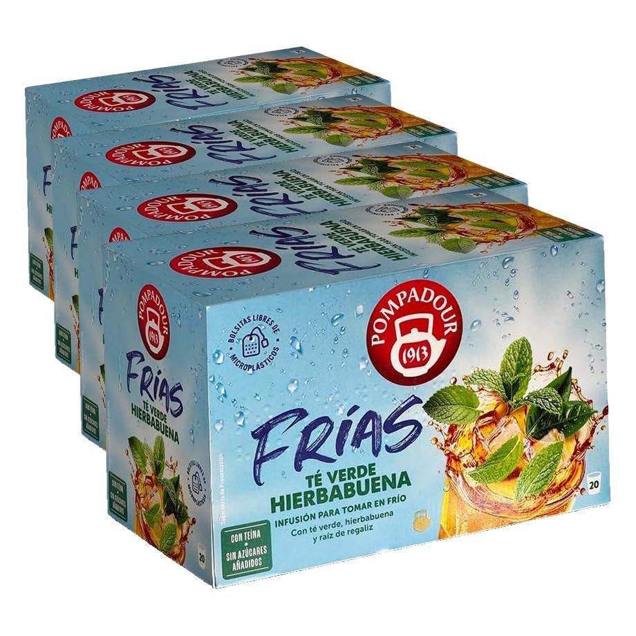 Pompadour | Té Verde Hierbabuena Agua Fría | Té Verde Frío | Refrescante Sabor a Hierbabuena | 20 Bolsitas 2 Gr (Paquete de 4)