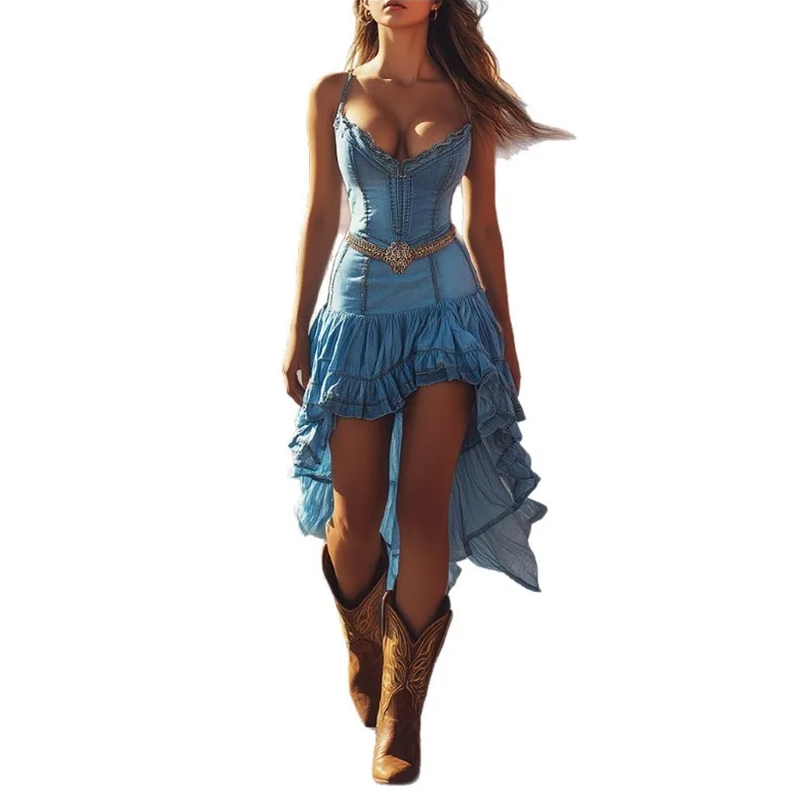 Abito Alto e Basso con Corsetto in Denim da Donna Gonna arricciata, Cinturino for Spaghetti, Festa in Stile Occidentale for Eventi all'aperto per Donna