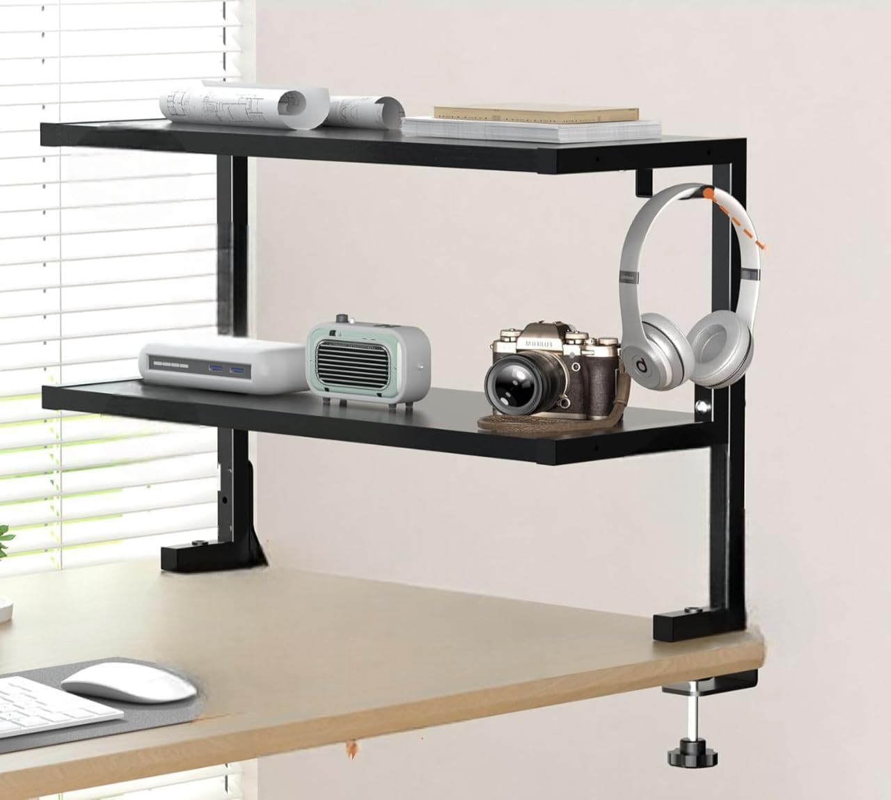 Geo Fashion 2 Tier Desk Shelf Clamp-On Above or Under – Desktop Organizer for Office Accessories & Gaming Setup, Black, Tool-Free Installation