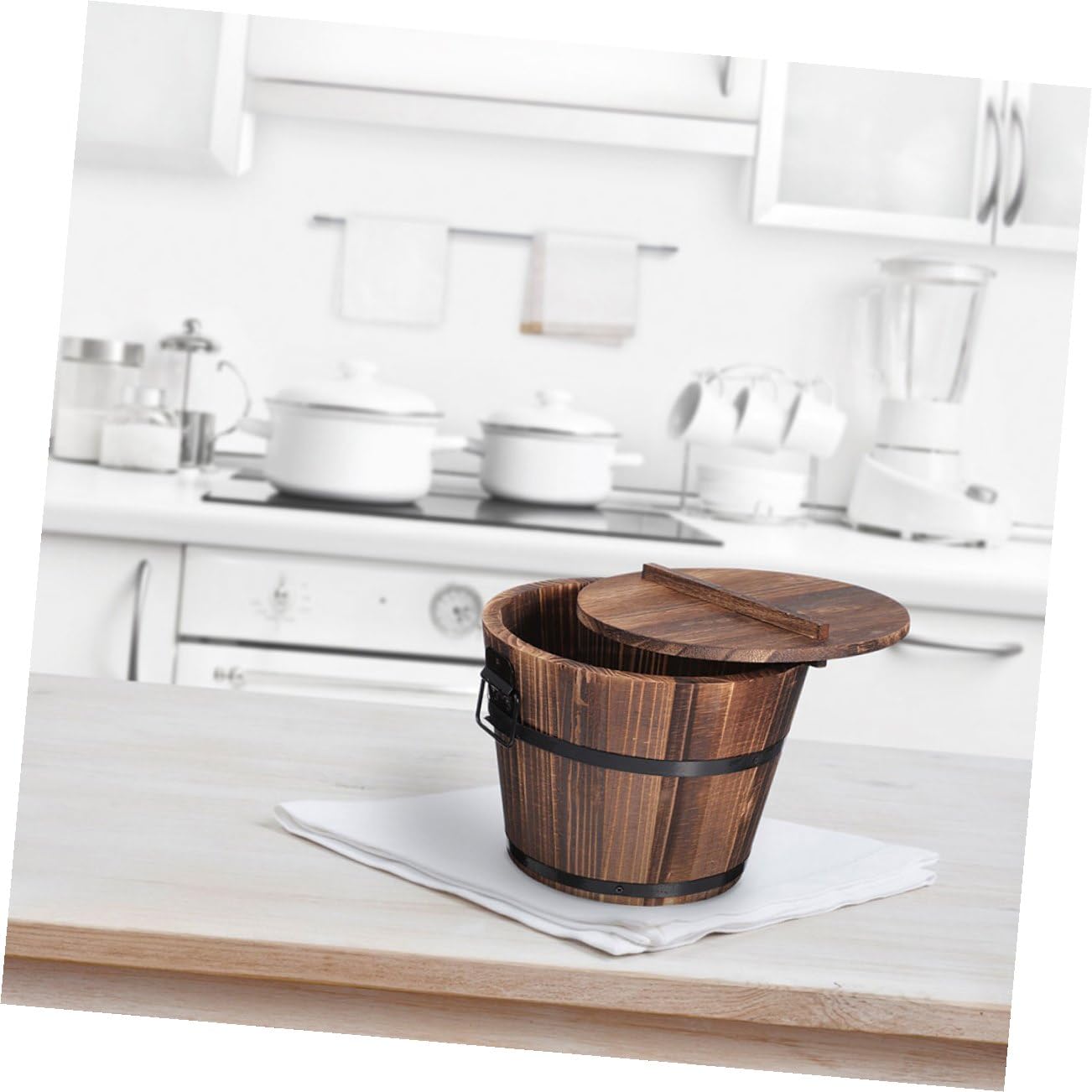 Contenitore per Alimenti in Legno Naturale con Coperchio Secchio da Cucina per Sushi e Riso Materiale Ecologico Manici Antiscottatura per Servire e Conservare