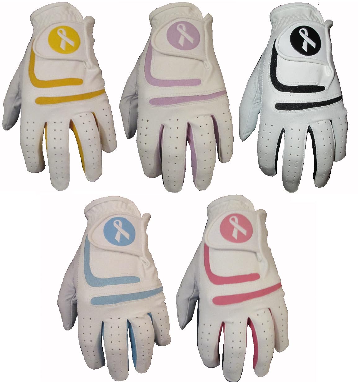 5 Ladies Cabretta Leather Golf Gloves Coloured Lycra (Large)