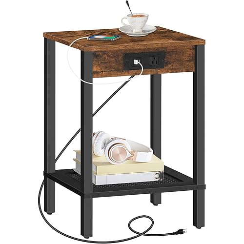 HOOBRO Side Table with Charging Station, End Table with USB Ports and Outlet, Nightstand with Storage Shelf, Faux Rattan Decoration, for Living Room, Bedroom, Rustic Brown and Black BF91UBZ01