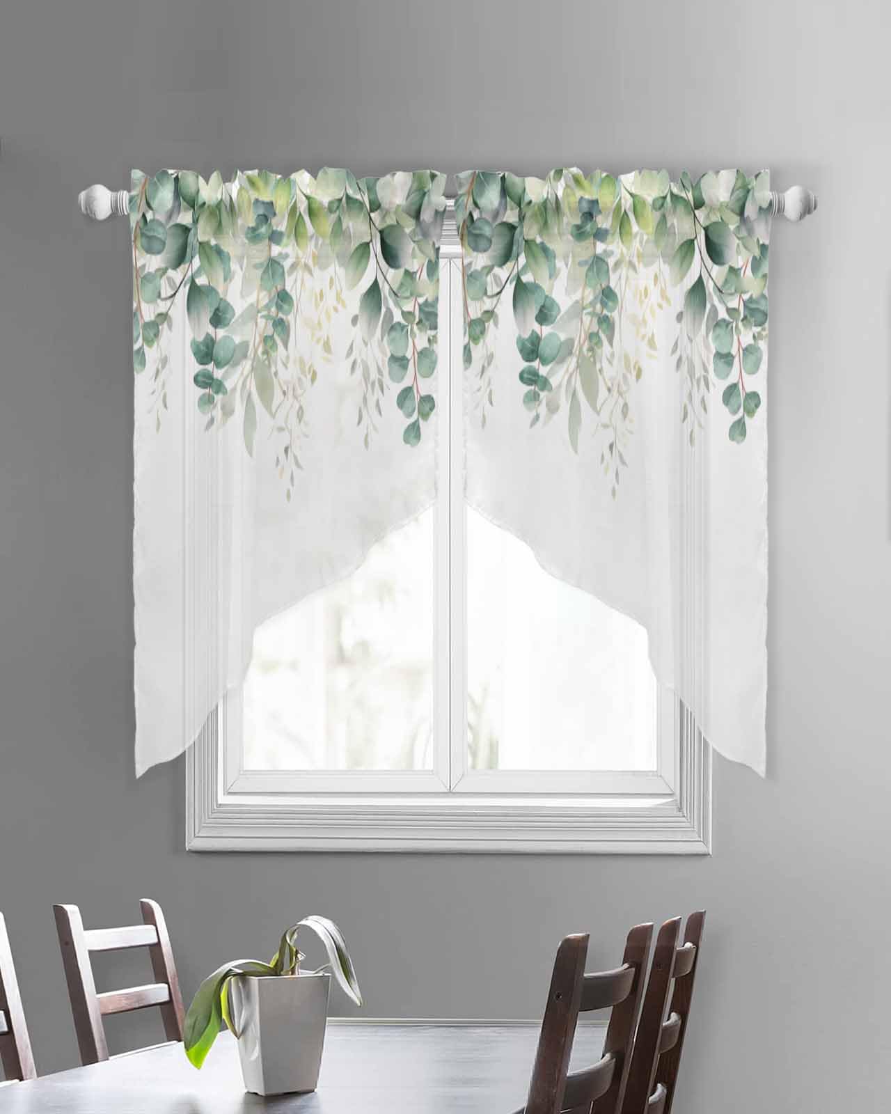 Sage Green Eucalyptus Leaf Swag Valances for Windows Summer Leaves Floral Watercolor Semi Sheer Valance Curtains Voile Swags Topper Curtain for Kitchen Living Room Bedroom 2 Panels - Image 4