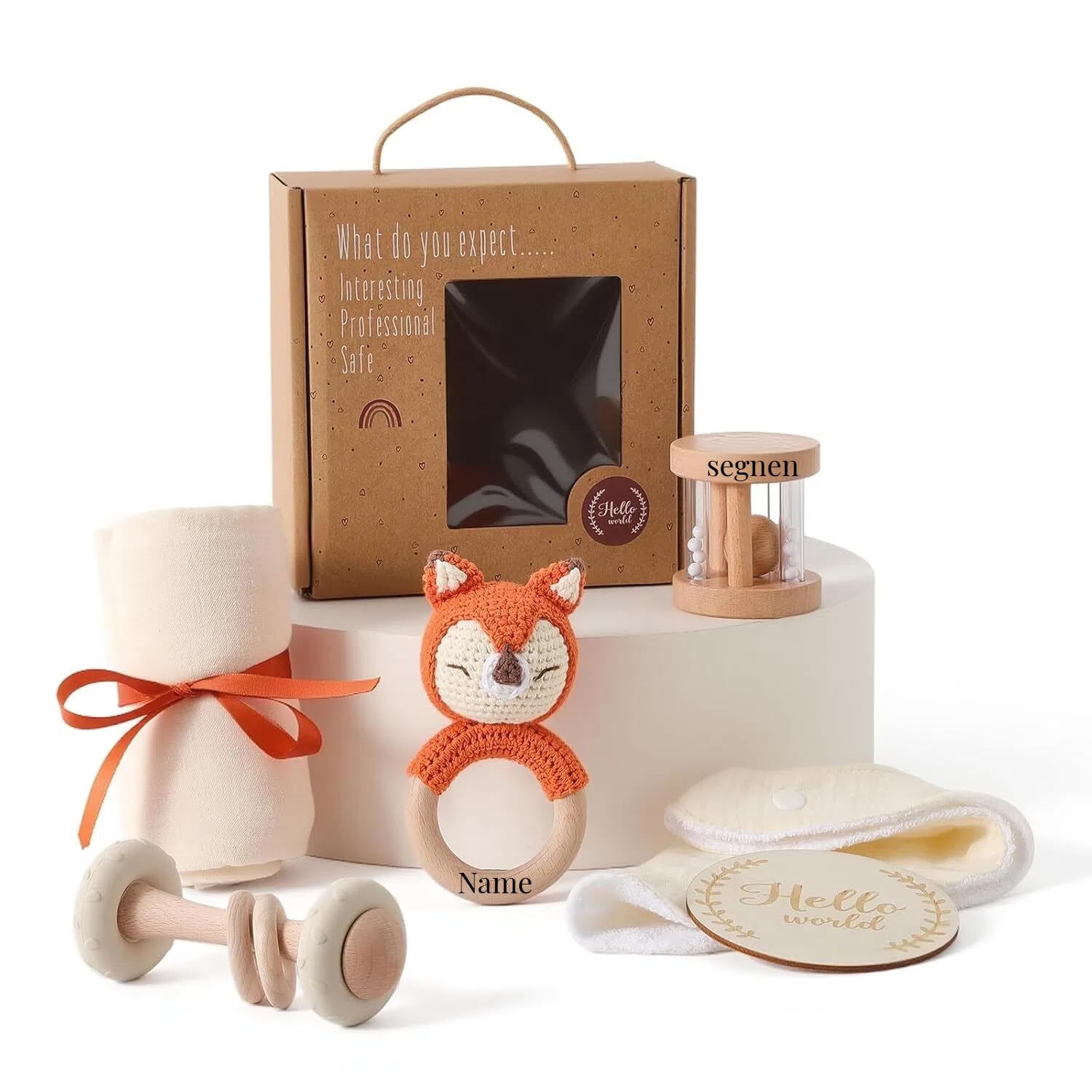 Neugeborenen Geschenkset 6 Teile Baby Geschenkset Mädchen Junge -Badetücher, Lätzchen, Holzspielzeug, Gehäkelte Hasenrassel und Meilensteinkarten，Geschenkverpackung (Beige - Personalisierung)