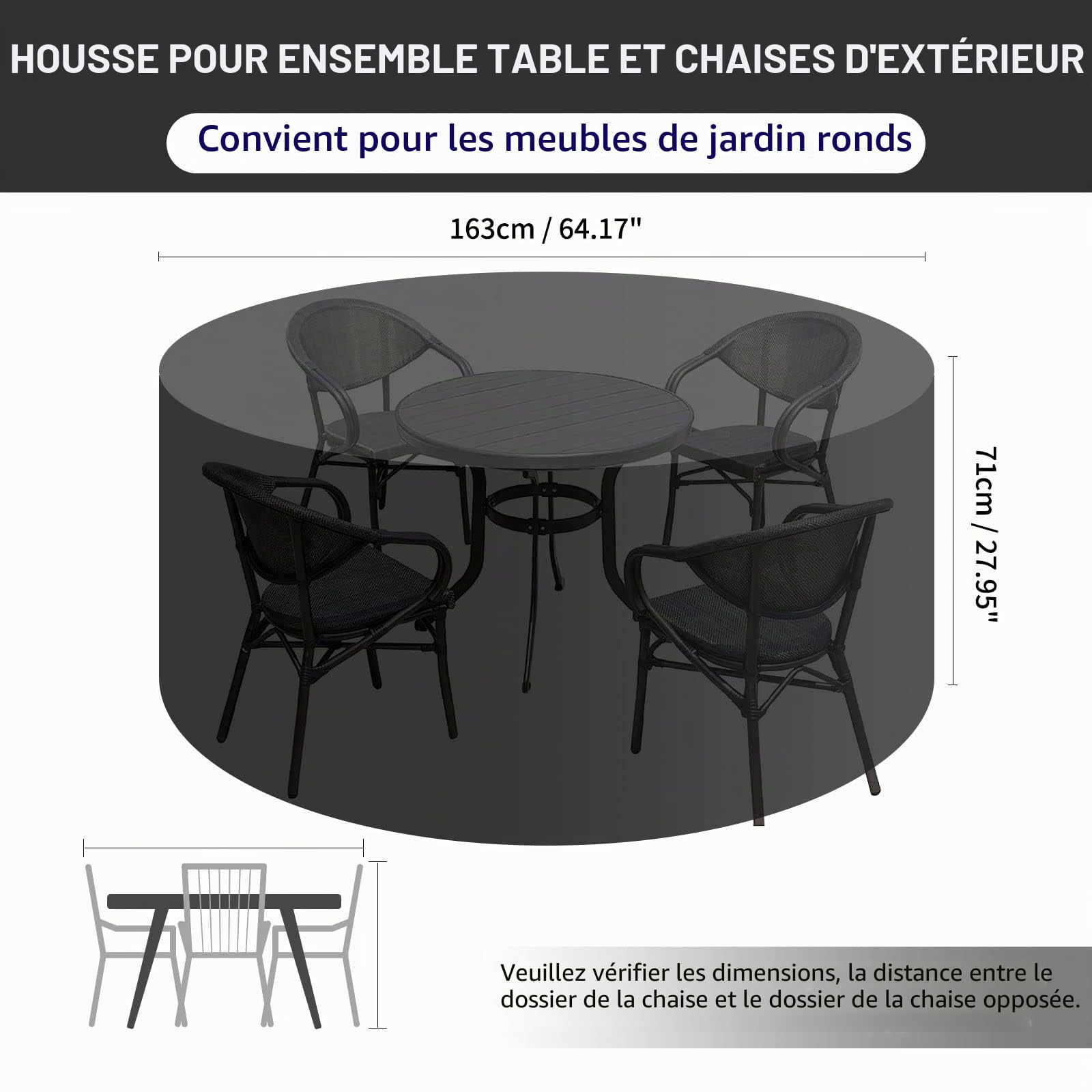Housse de Table de Jardin Ronde avec aérations, Tissu Oxford 600D, imperméable, Coupe-Vent, Anti-UV,163x71cm,Gris