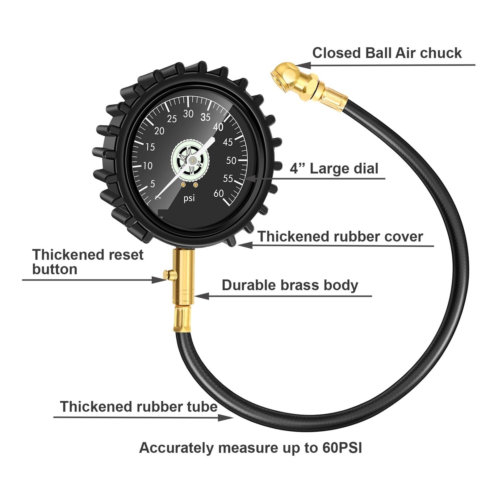 4-calowy Miernik Ciśnienia W Oponach 87 PSI 140 PSI 200PSI Dokładność Analogowy Manometr Zaciskowy Uchwyt Pneumatyczny Wskaźnik Opon Wyścigowych łAtwy W UżYciu(0-60 PSI(Glow))