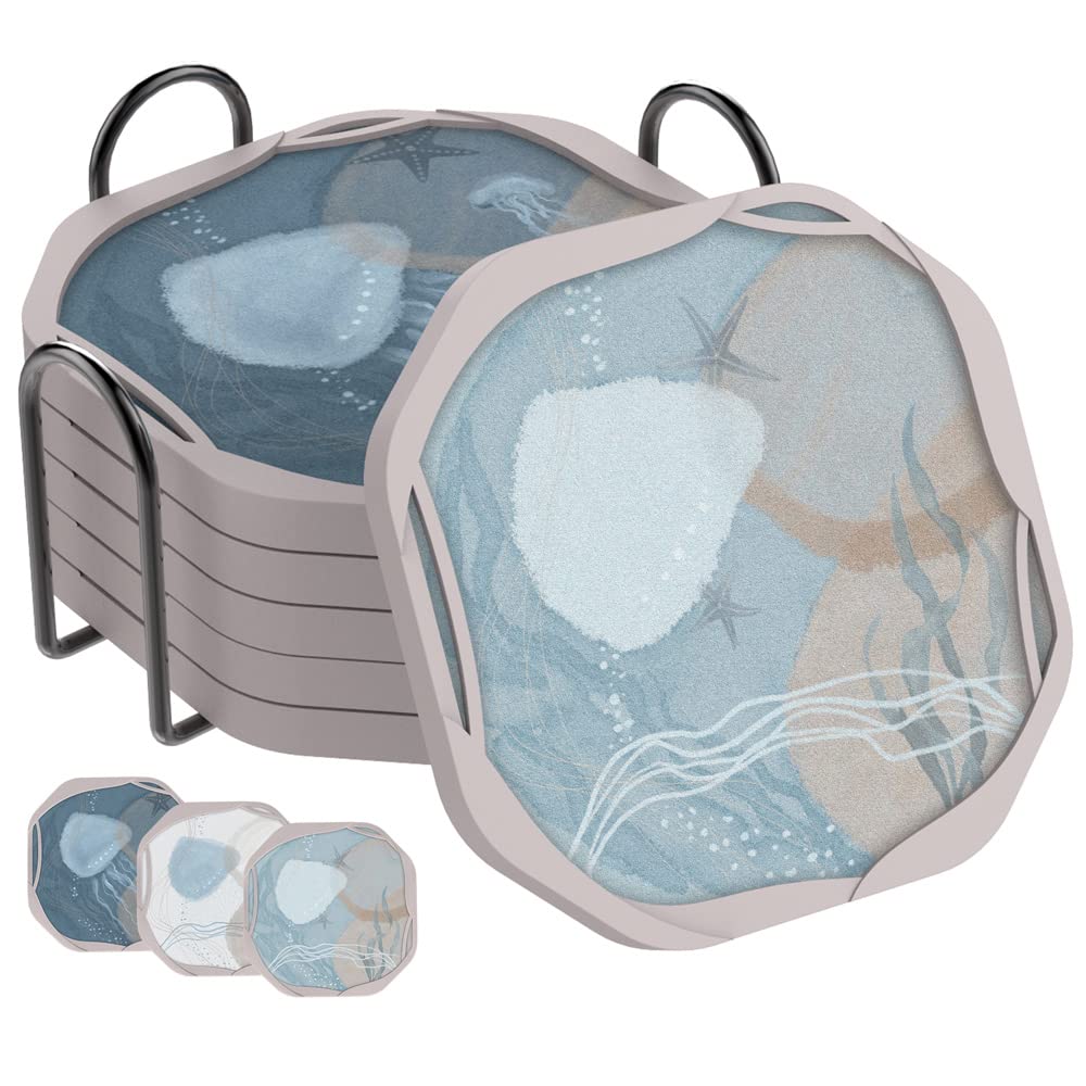 UMIRRO Absorbent Coasters for Drinks with Holder, Coastal Themed Design, Perfect for Beach Lovers, Ocean Inspired Cup mats for Wooden Coffee Table, Non-Stick, Unbreakable, 4", Octagonal, Blue, 6 Pack