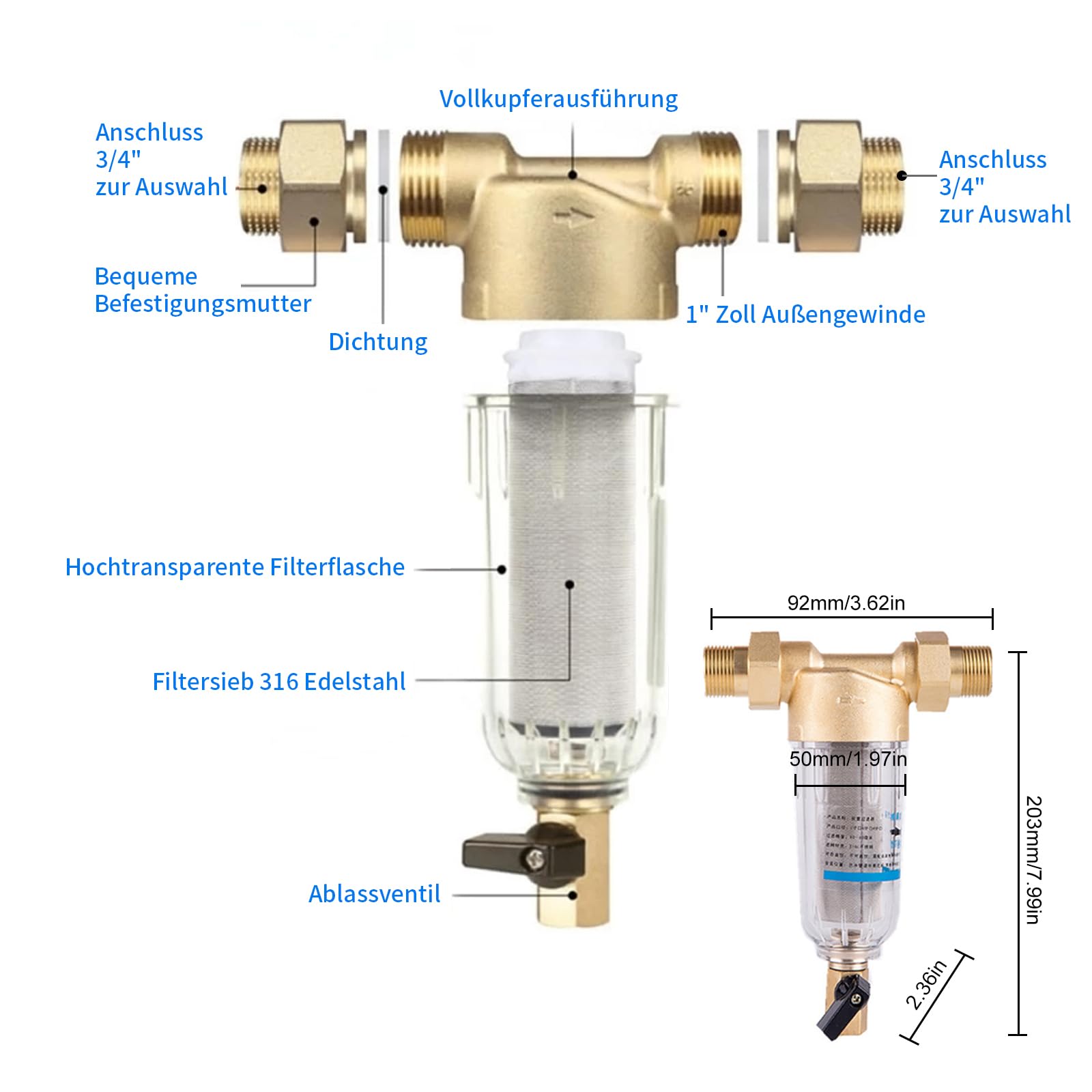 100 Mikron Rückspülfilter Wasserfilter Filter, Wiederverwendbarer Spin-Down-Sedimentwasserfilter, Vorfilter für Brunnenwasserschlauch Sedimentfilter (G 1" mit G 3/4")