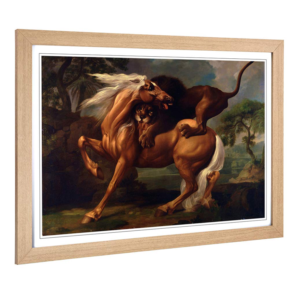 Big Box Art Framed Print of George Stubbs Lion Attacking a Horse Design | Wall Art Picture | Home Decor for Kitchen, Living Room, Bedroom, Hallway, Oak, A2 / 24.5x18 Inch / 62x45cm