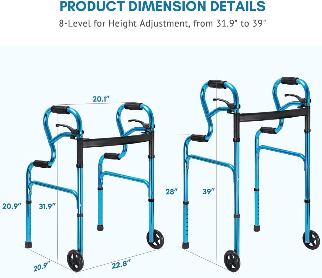 Health Line Massage Products 3-in-1 Stand-Assist Folding Walker with 5" Wheels Supports up to 350lbs, Walking Mobility Aid with Glide Skis, Can be Used as Toilet Safety Rail, Compact & Portable, Blue : Health & Household