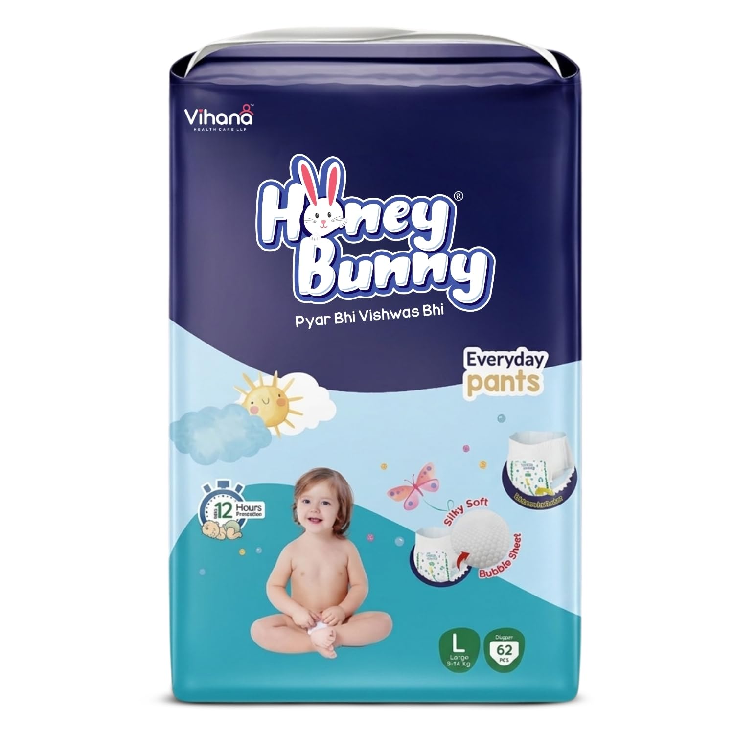 Honey Bunny Everyday Baby Diapers Pants | Large (L), 62 Count, 9-14 kg | Silky Soft on Skin, Bubble Layer | 12 Hours Protection Baby Diaper-image-19