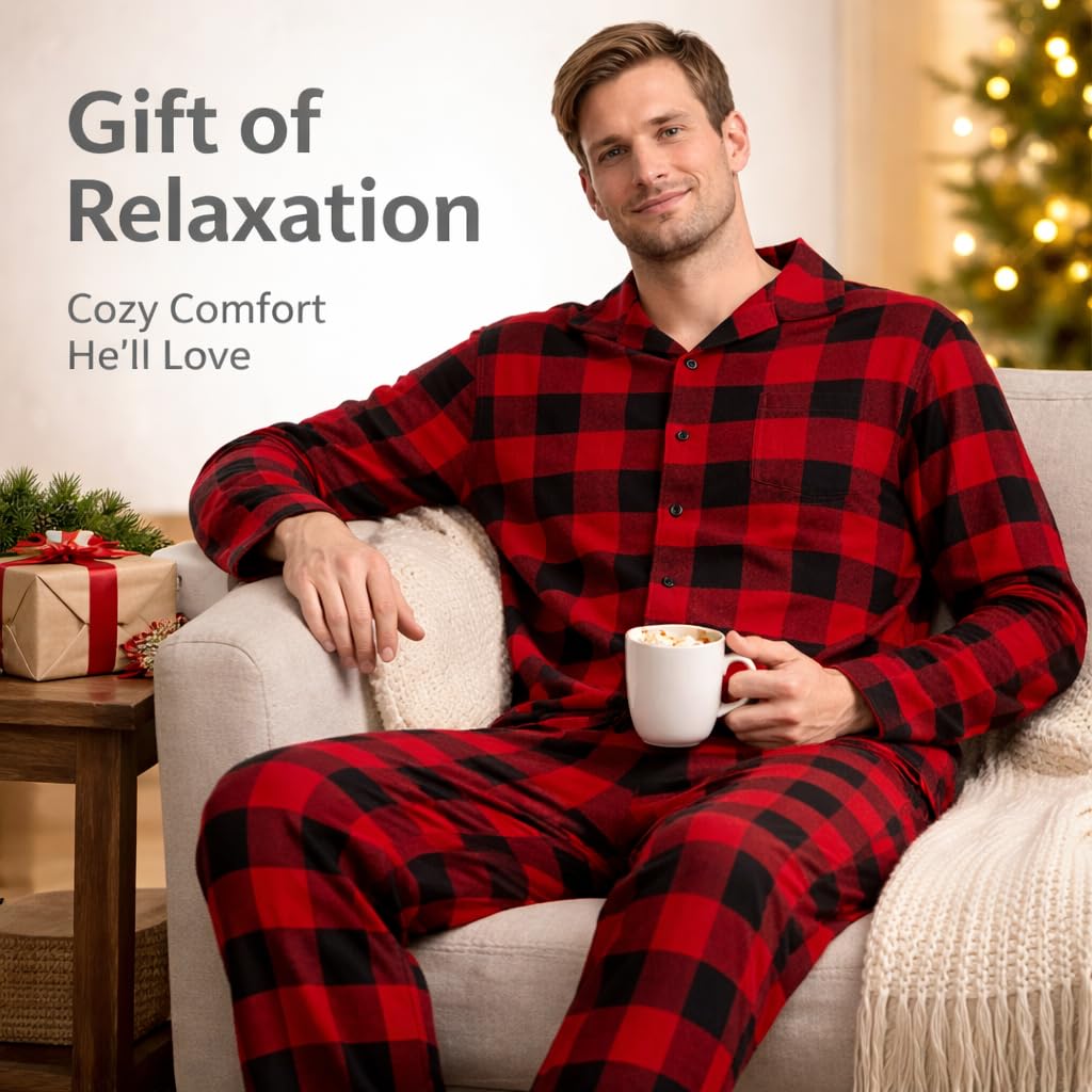 Conjunto de Pijama Tejido de Franela para Hombre 100% Algodón Juego de Ropa de Dormir a Cuadros Manga Larga con Bolsillos