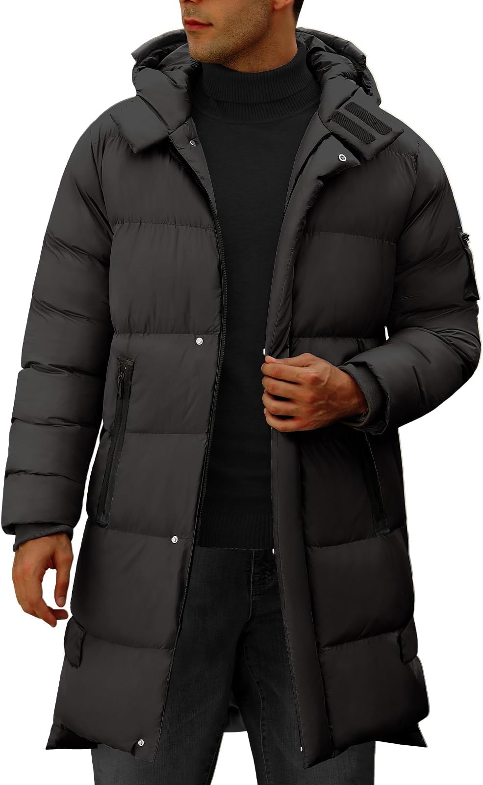 Men's Hood Puffy Quilted Jacket Winter Warm Long Puffer Coat Windproof Full Zip Thicken Outerwear with 4 Pockets