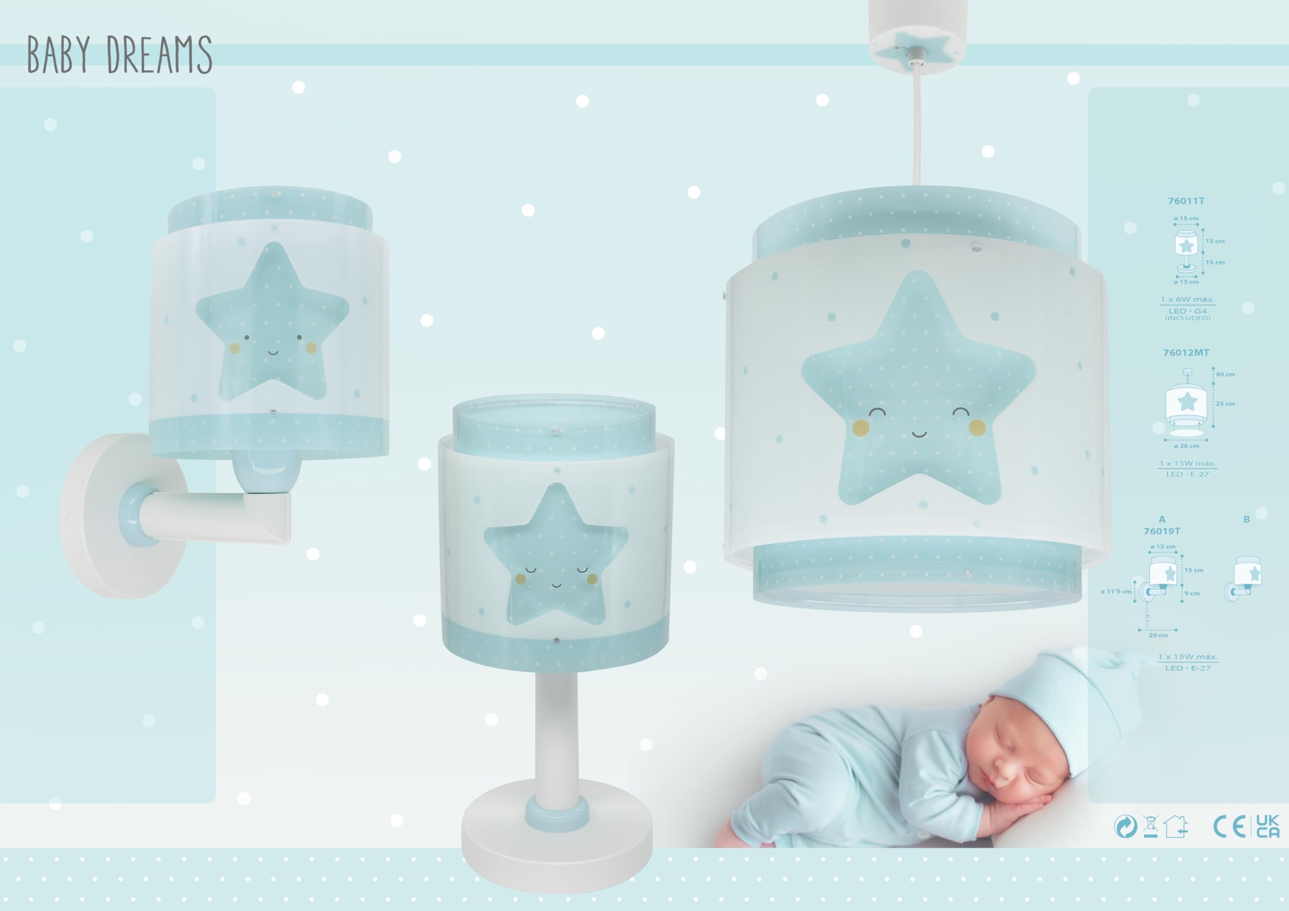 Dalber Lámpara Aplique Pared Infantil Baby Dreams Estrella Azul 76019T E27 | Lámpara aplique de pared con instalación directa a la corriente o mediante cable con interruptor incluido.