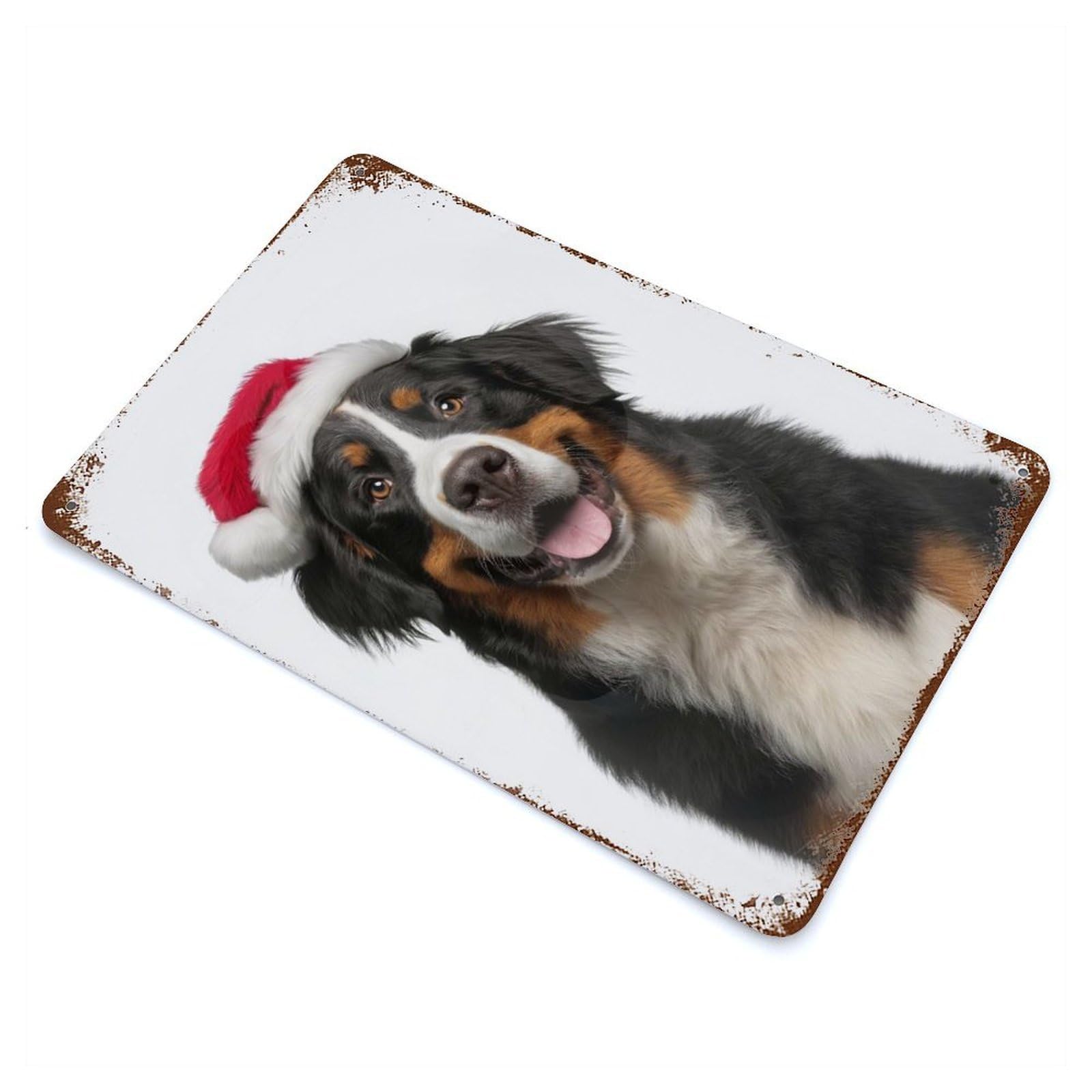 Distressed Metal Wall Sign with Bernese Mountain Dog Santa Portrait Design 11.8"x7.9", for Living Room, Hallway And Home Decor, Vintage Wall Decor