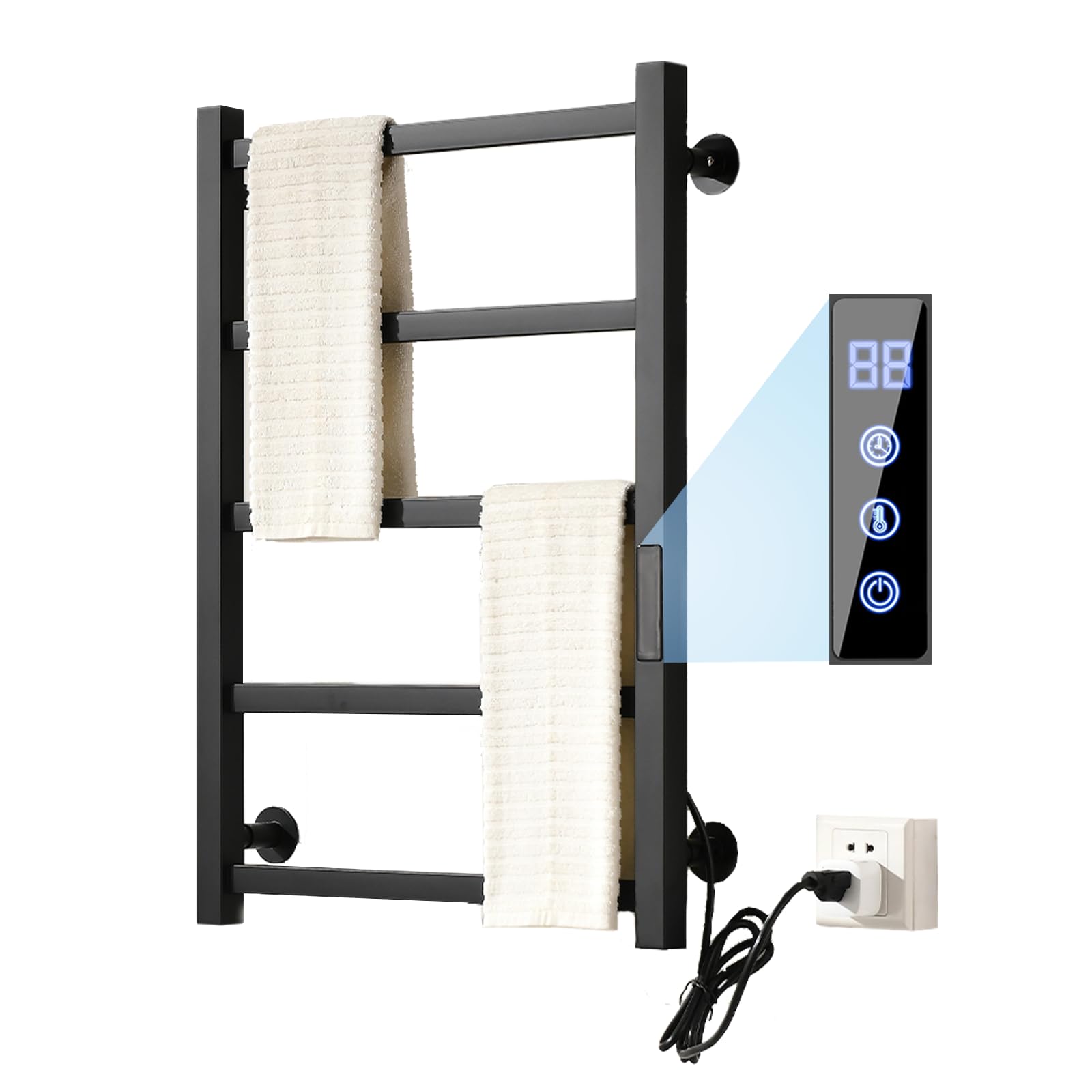 Scaldasalviette elettrico nero 700 x 500 mm con touch screen LED, scalda asciugamani a tempo e temperatura regolabile